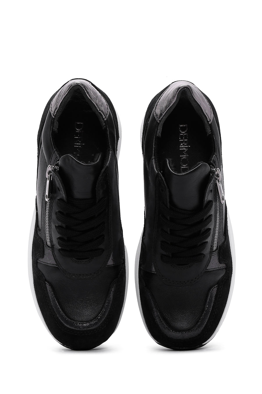 Women's Black Lace-Up Zipper Detailed Wedge Heel Leather Sneakers
