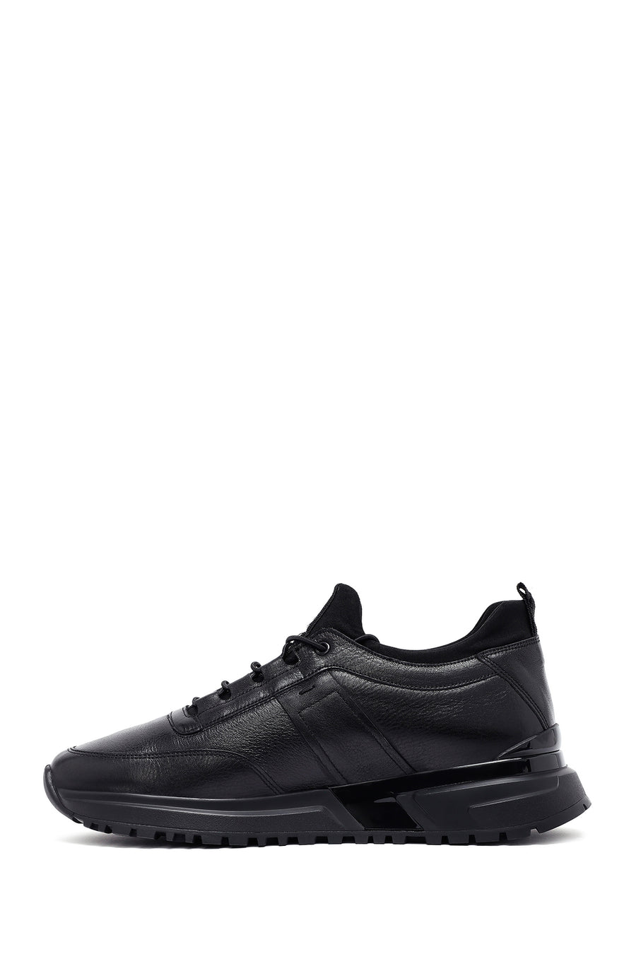 Men's Black Lace-Up Thick-Soled Leather Casual Sneakers