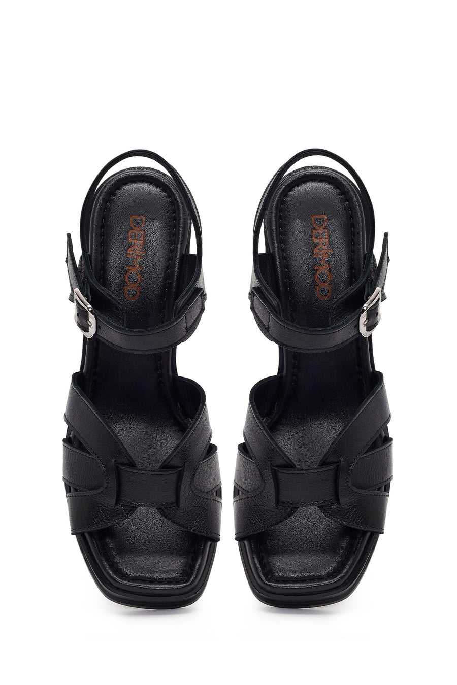 Women's Black Ankle Buckle Thick Heel Leather Sandals