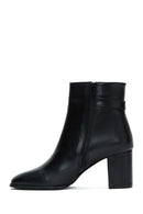 Women's Black Zippered Buckle Detailed Thick Heeled Leather Boots | Derimod