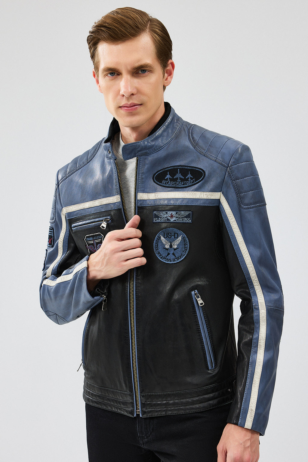Takeoff Erkek Mavi Slim-Fit Deri Ceket