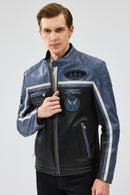 Takeoff Men's Blue Slim-Fit Leather Jacket | Derimod
