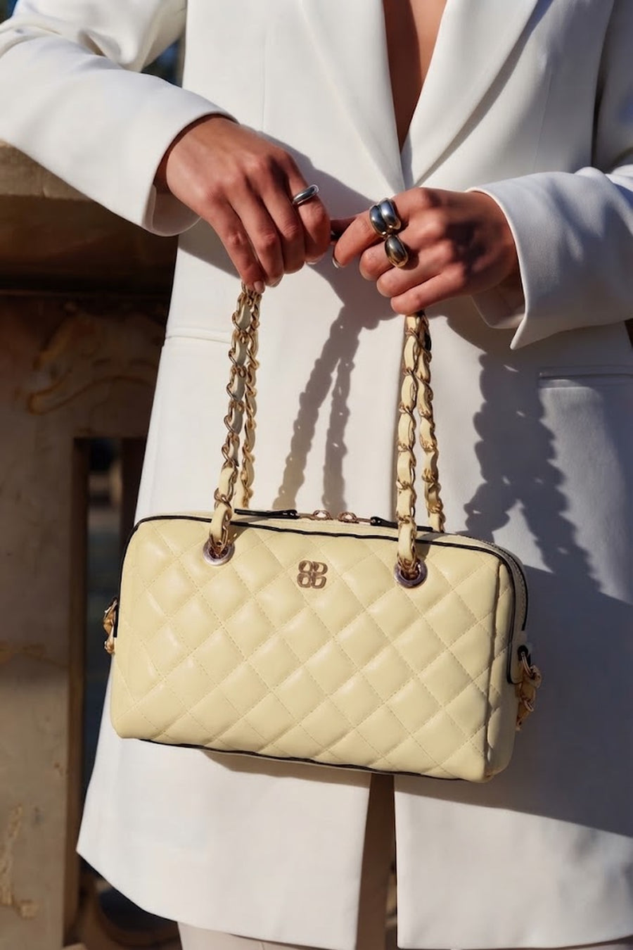 Woman Yellow Long-Strap Quilted Mini Crossbody Bag