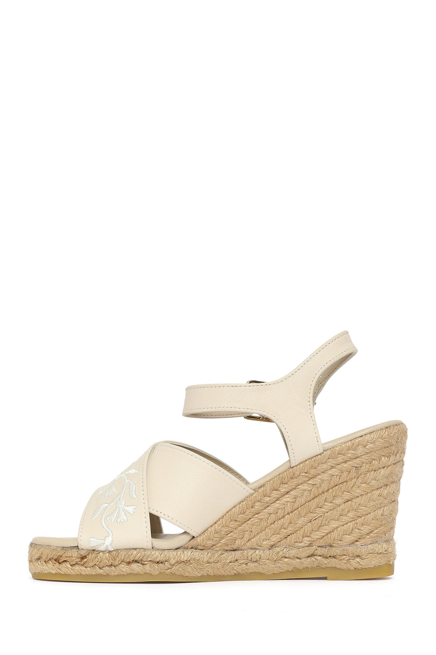 Woman Cream Ankle-Buckle Wedge-Heel Leather Espadrille Sandals