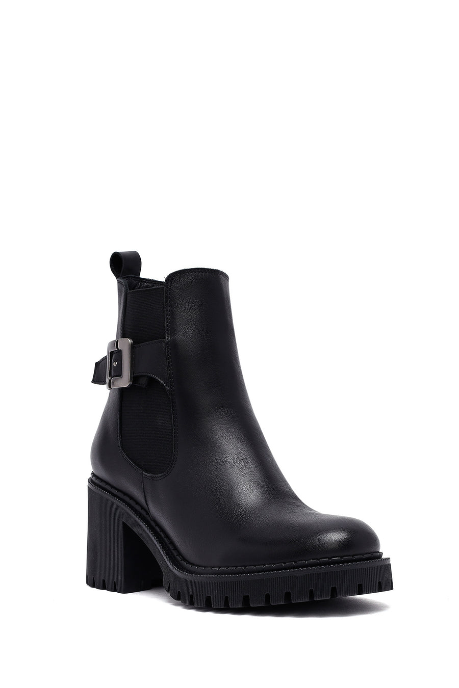 Women's Black Zippered Thick Heeled Leather Boots