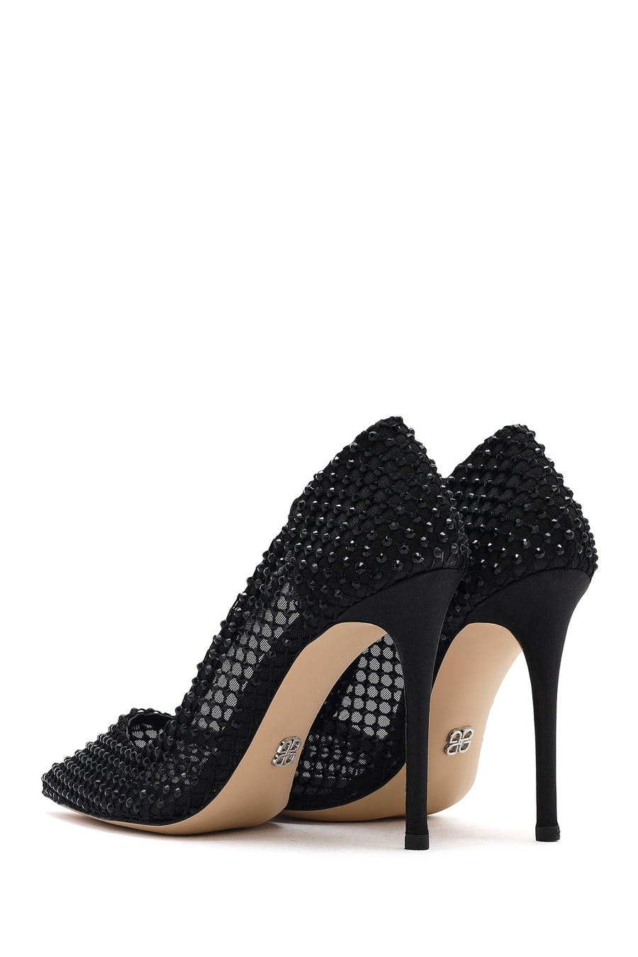 Women's Black Stone High Thin Heel Leather Stiletto