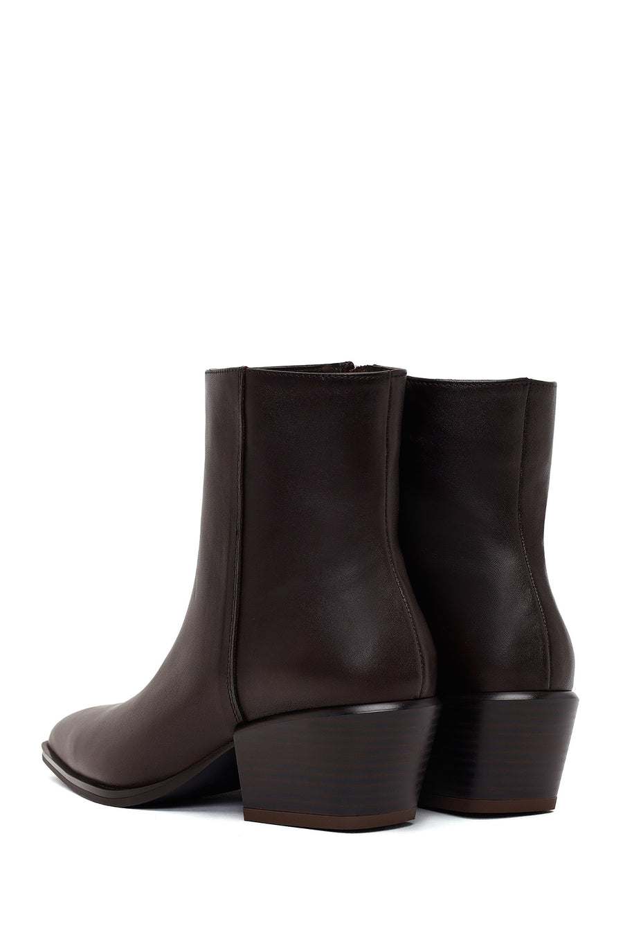 Woman Brown Zip Closure Short Thick-Heeled Leather Cowboy Boots