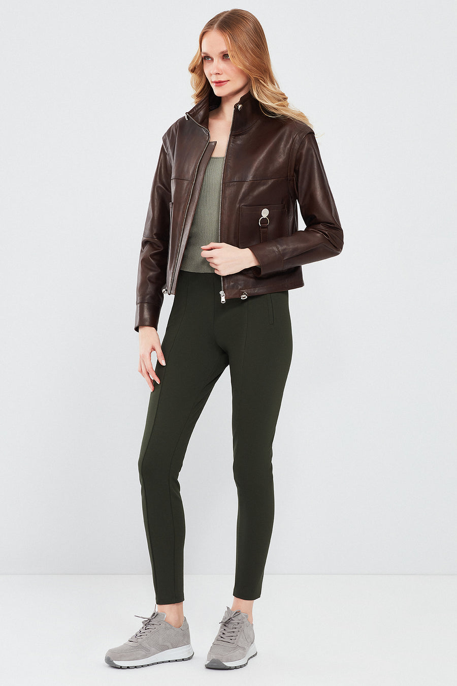 Edwina Women's Brown Leather Jacket with Removable Sleeves