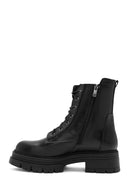 Women's Black Double Zipper Lace-Up Leather Combat Boots | Derimod