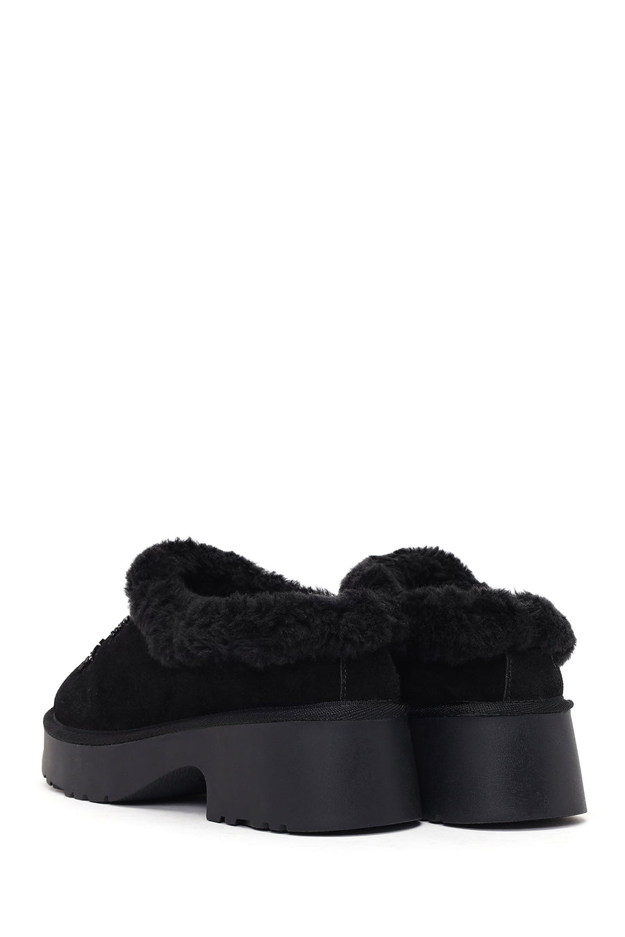 Woman Black Thick-soled Embellished Suede Leather Teddy Slipper