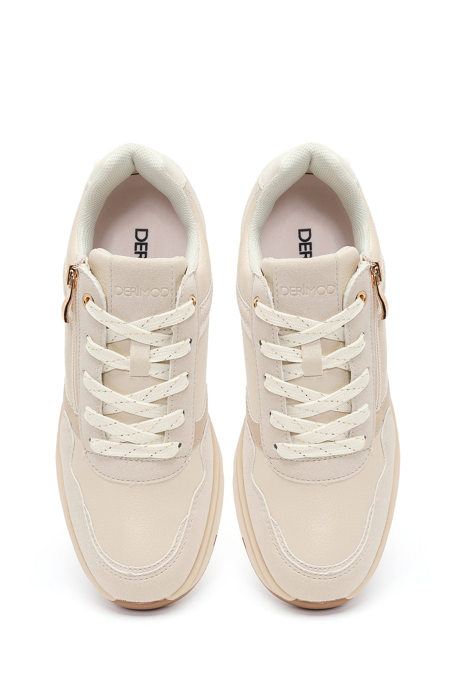 Woman Beige Side-Zip Lace-Up Chunky Platform Sneakers
