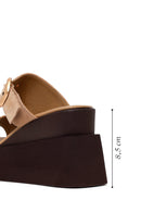 Woman Beige Buckled Wedge Heel Suede Slipper | Derimod