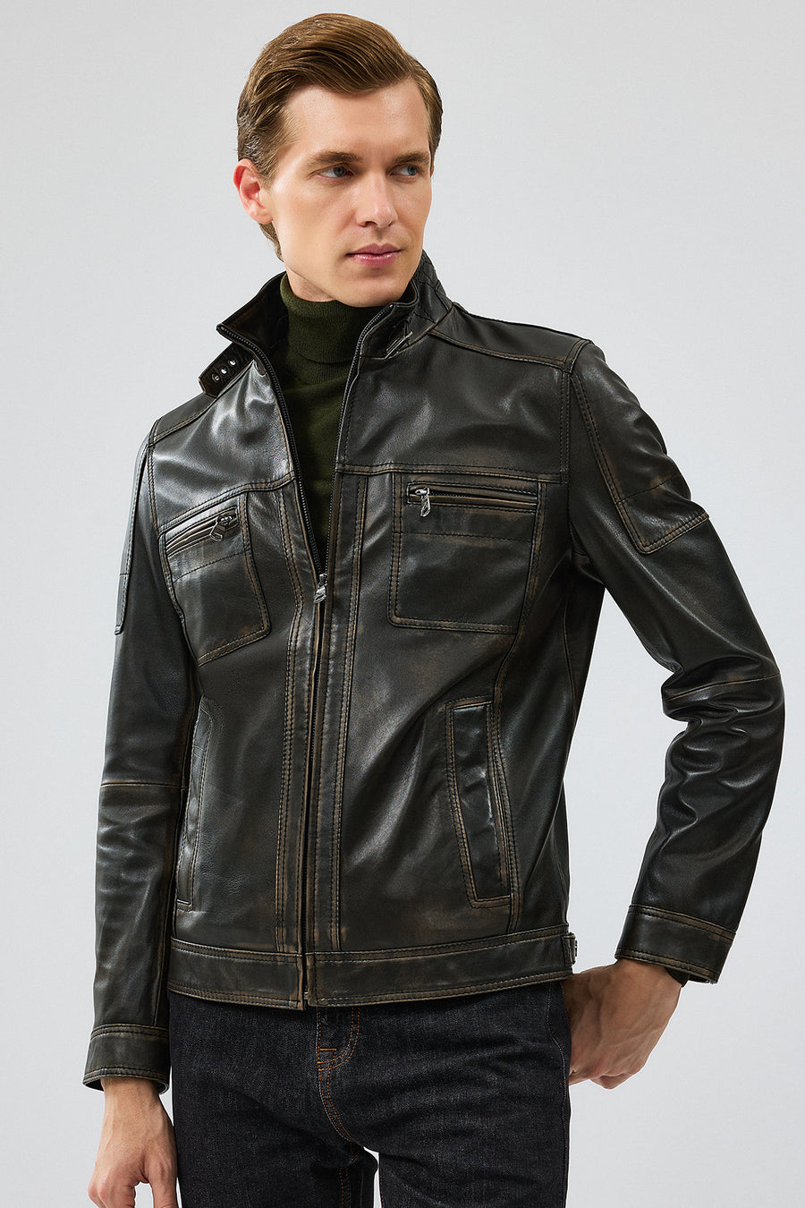 Wade Men's Green Slim-Fit Leather Coat