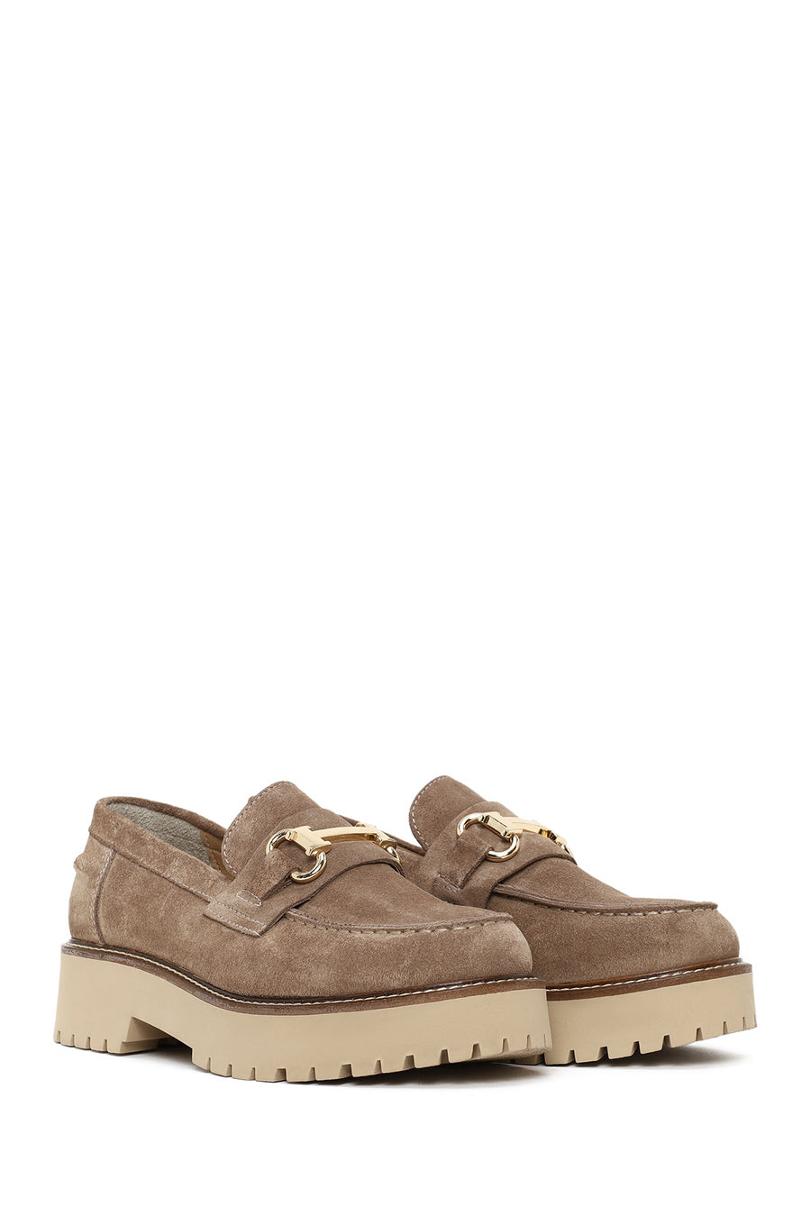 Woman Beige Thick-Soled Suede Leather Loafer