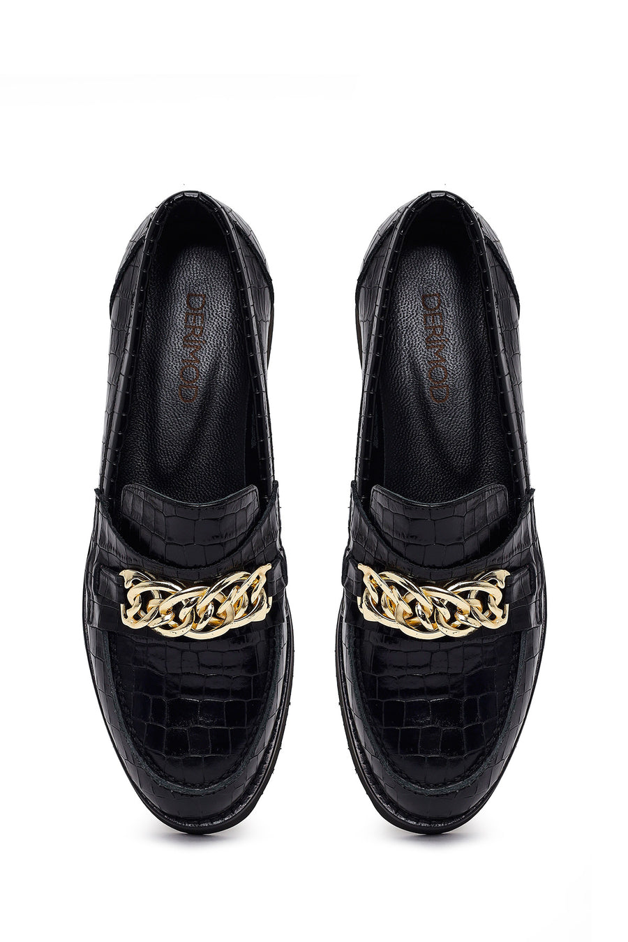 Women's Black Crocodile Patterned Chain Detailed Leather Masculine Loafer