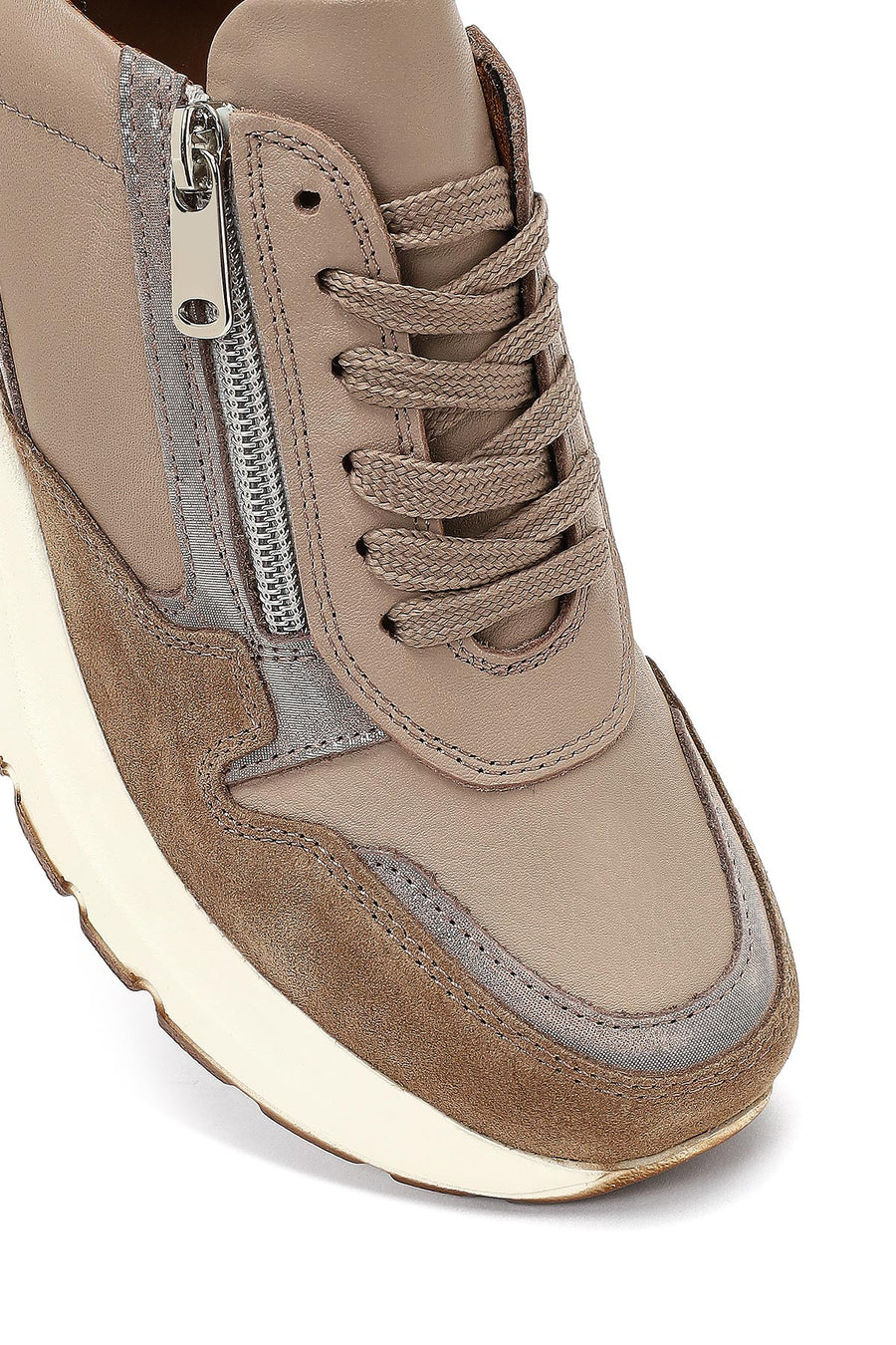 Women's Mink Lace-Up Zipper Detailed Wedge Heel Leather Sneaker
