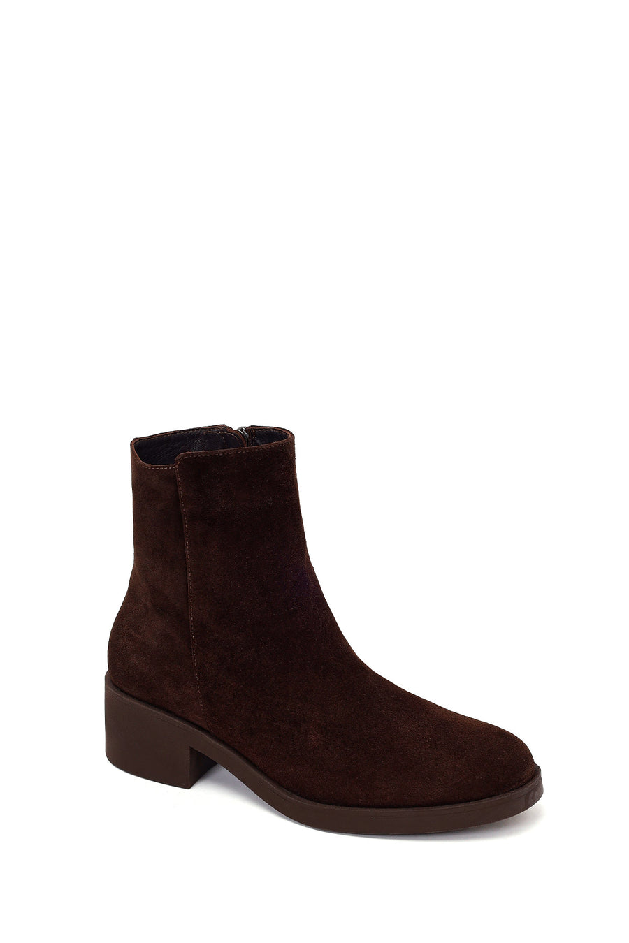 Woman Brown Zip Closure Chunky Heeled Suede Boots