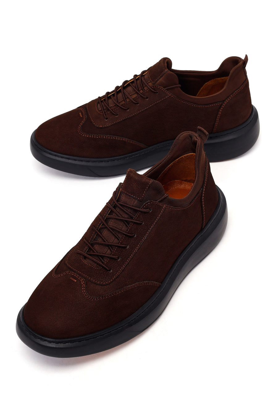 Erkek Kahverengi Bağcıklı Kalın Tabanlı Nubuk Deri Sneaker