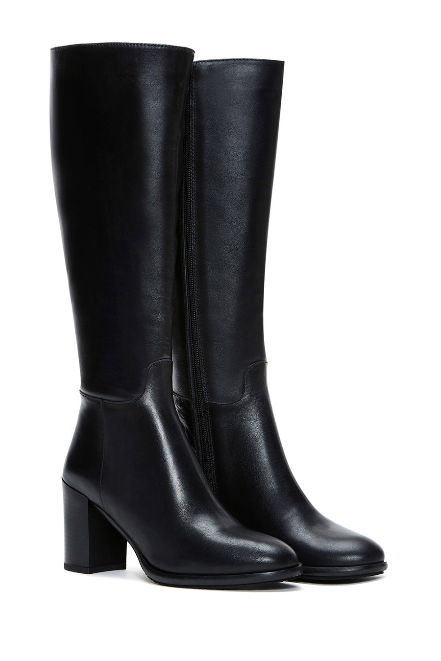 Women's Black Zippered Thick Heel Leather Boots