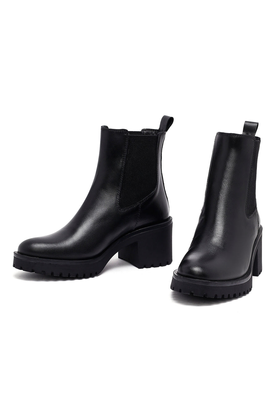 Woman Black Chunky Heels Leather Chelsea Boots