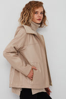 Roma Women's Beige Hooded Double-Sided Oversize Leather Jacket | Derimod