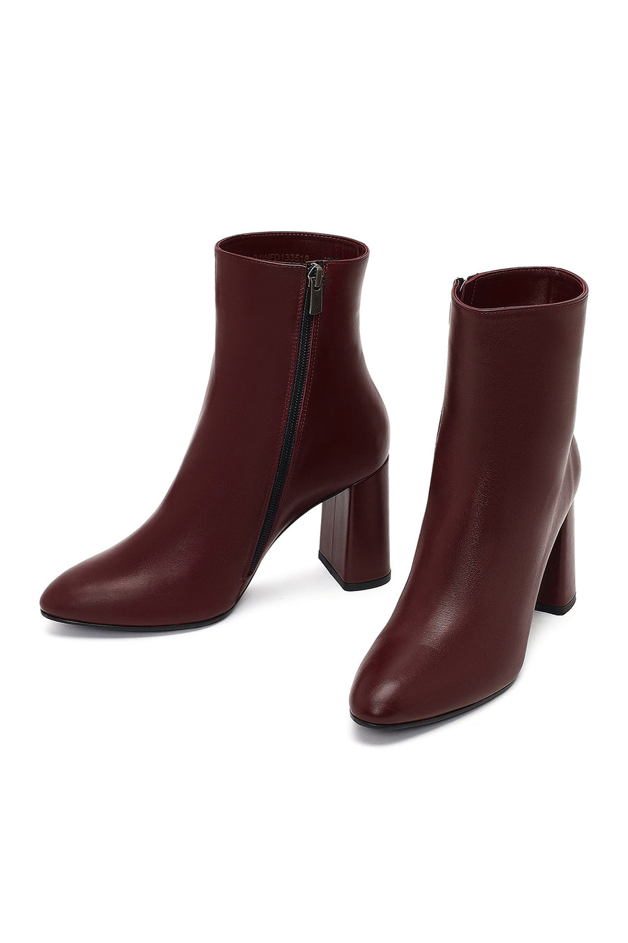 Women's Burgundy Zippered Thick High Heel Leather Boot