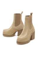 Women's Beige Thick Heeled Suede Leather Chelsea Boots | Derimod