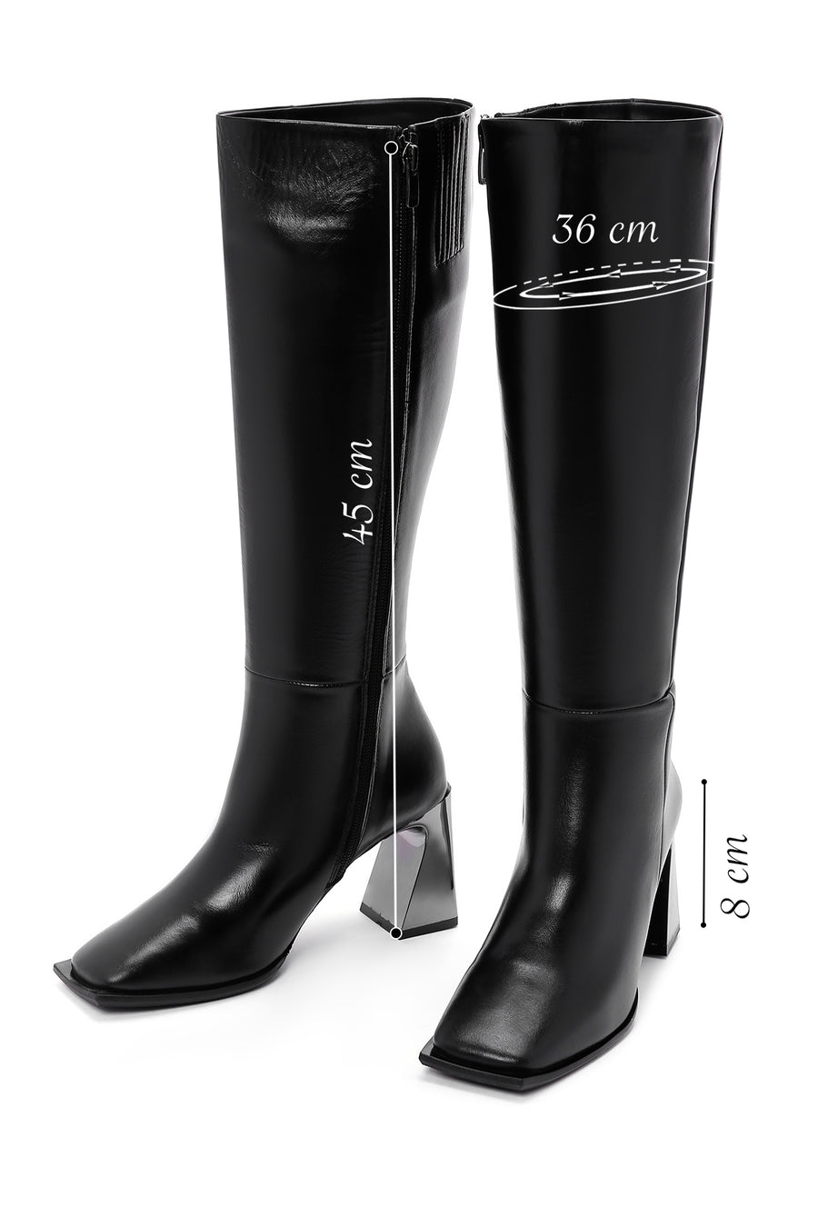 Women's Black Zippered High Heel Leather Boots