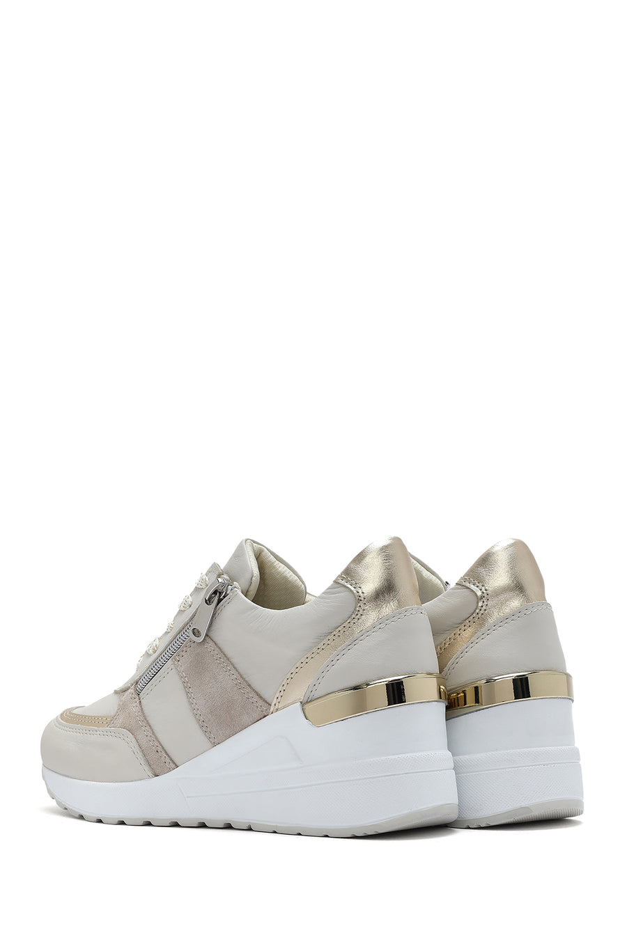 Women's Beige Wedge Heel Side Zip Leather Sneakers