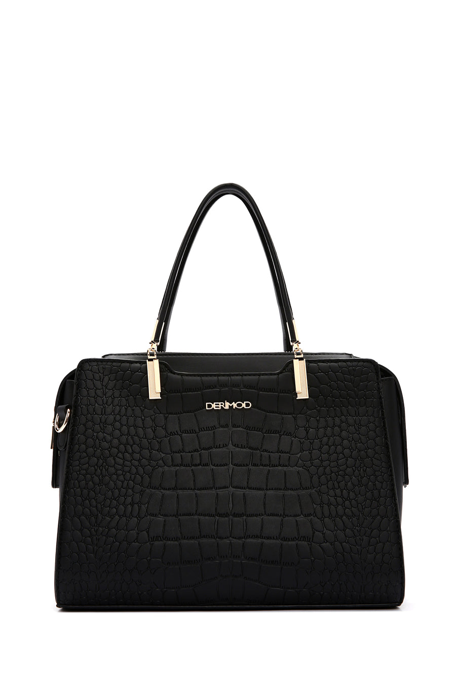 Woman Black Long-Strap Croc-Embossed Shoulder Bag