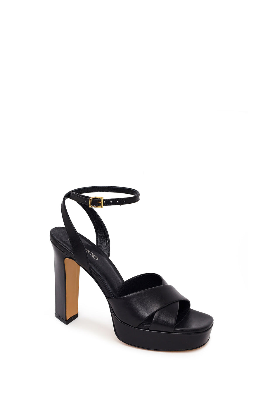 Woman Black Ankle-Buckle Platform High Chunky Heel Leather Sandal
