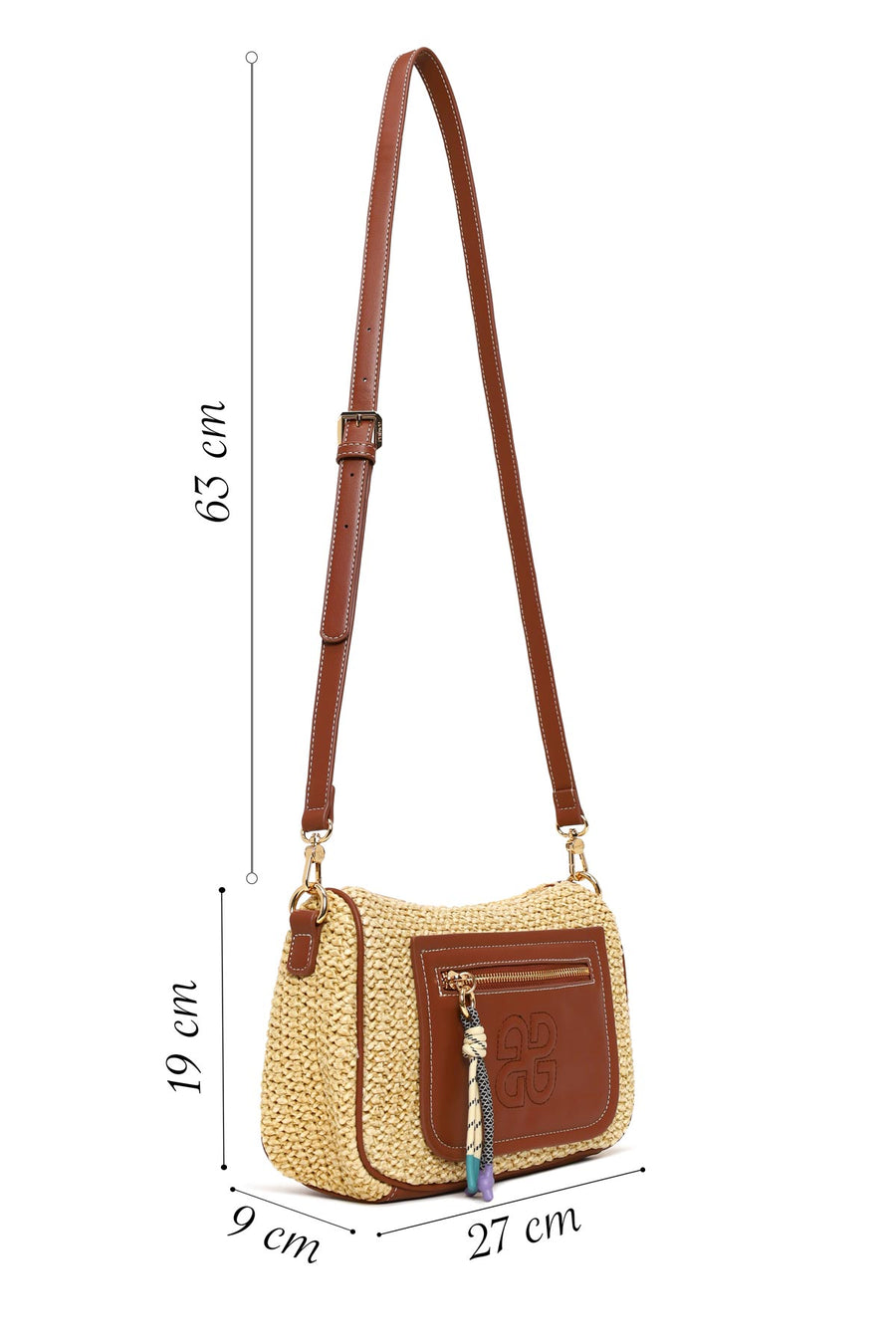 Woman Beige Long-Strap Wicker Crossbody Bag