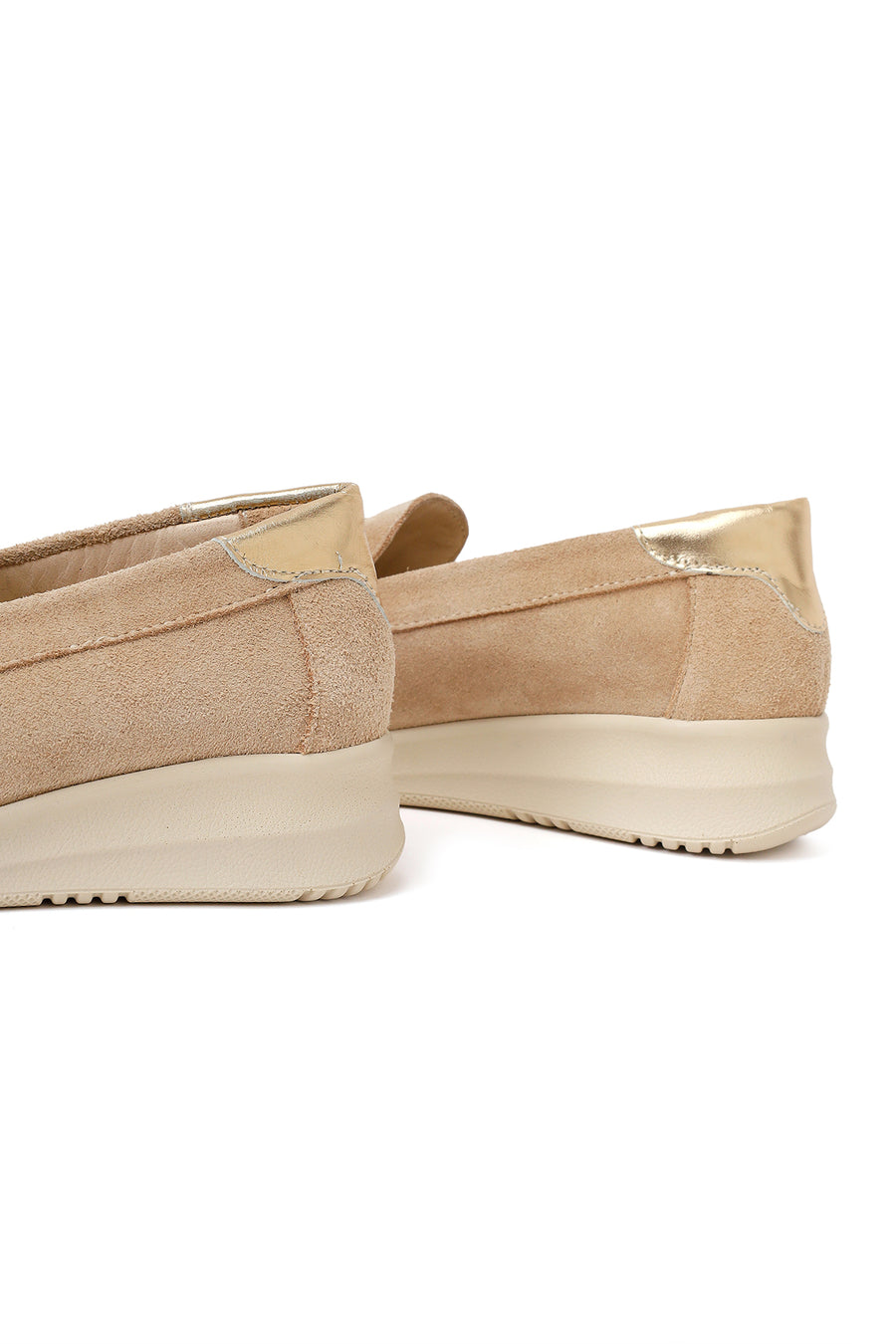 Woman Beige Buckle Wedge-Heel Suede Leather Comfort Loafer