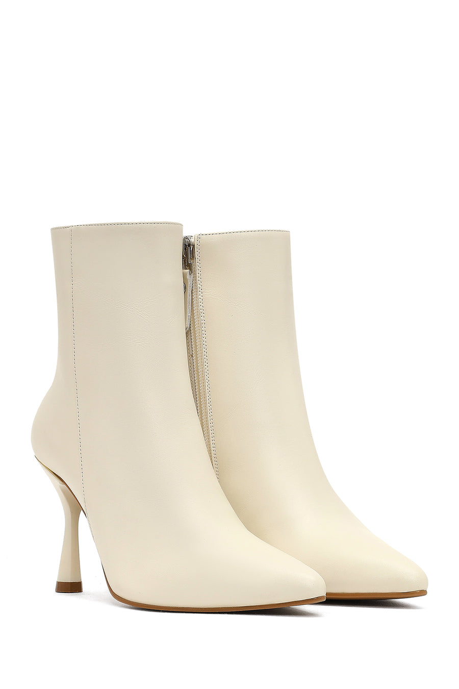 Woman Cream Zippered Thin Heel Leather Boat