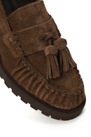 Woman Walnut Tassel Chunky Heeled Suede Loafer | Derimod