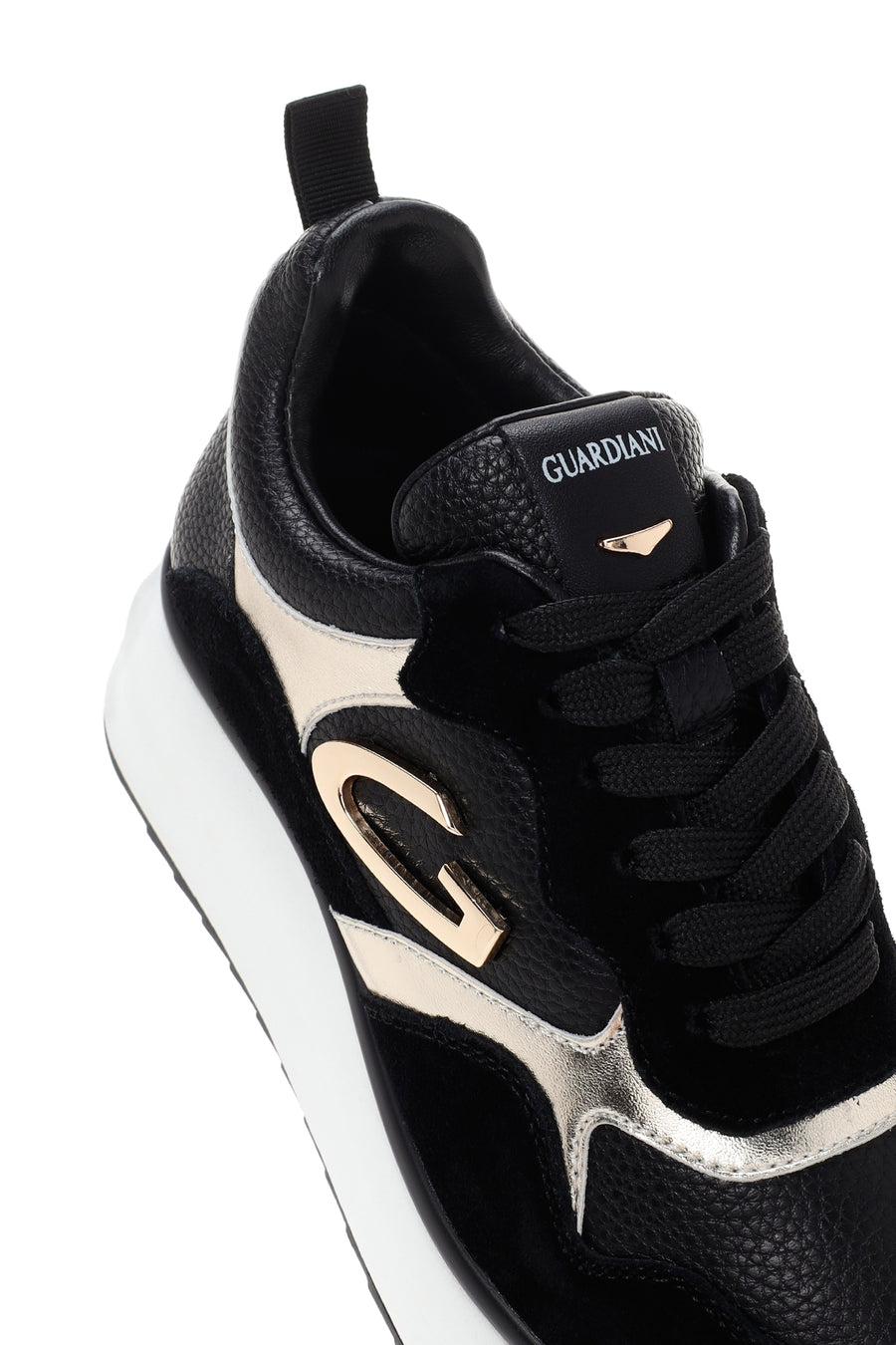 Alberto Guardiani Women's Black Gold Louise Thick Sole Leather Sneaker
