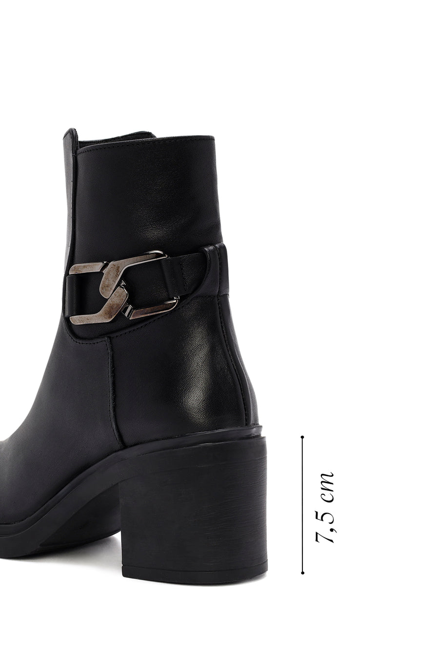 Women's Black Buckle Detailed Zippered Thick Heeled Leather Boots