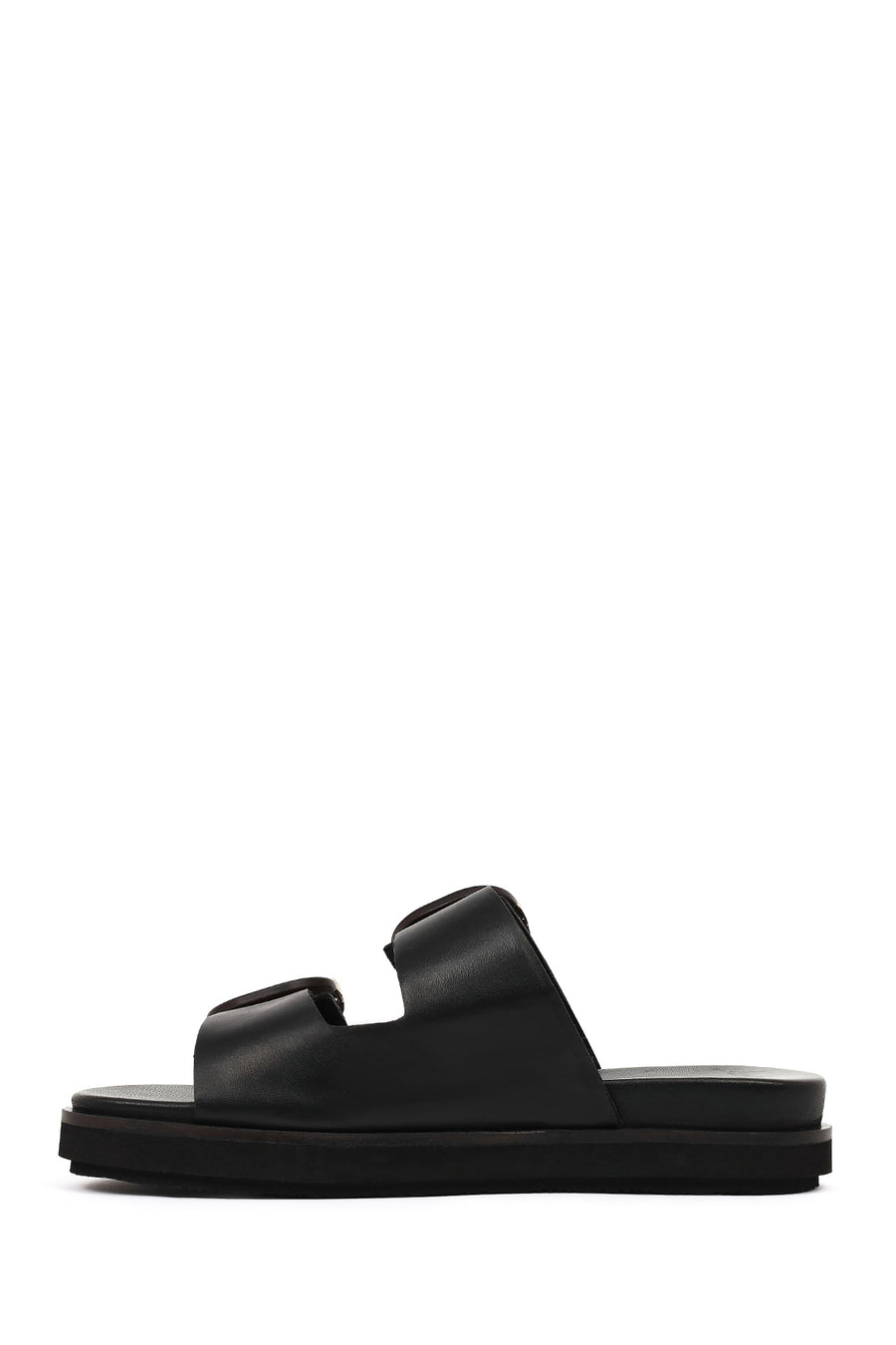 Women's Black Double Buckled Leather Slippers