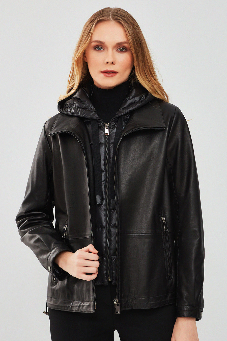 Tyler Women's Black Oversize Double Collar Hooded Leather Coat