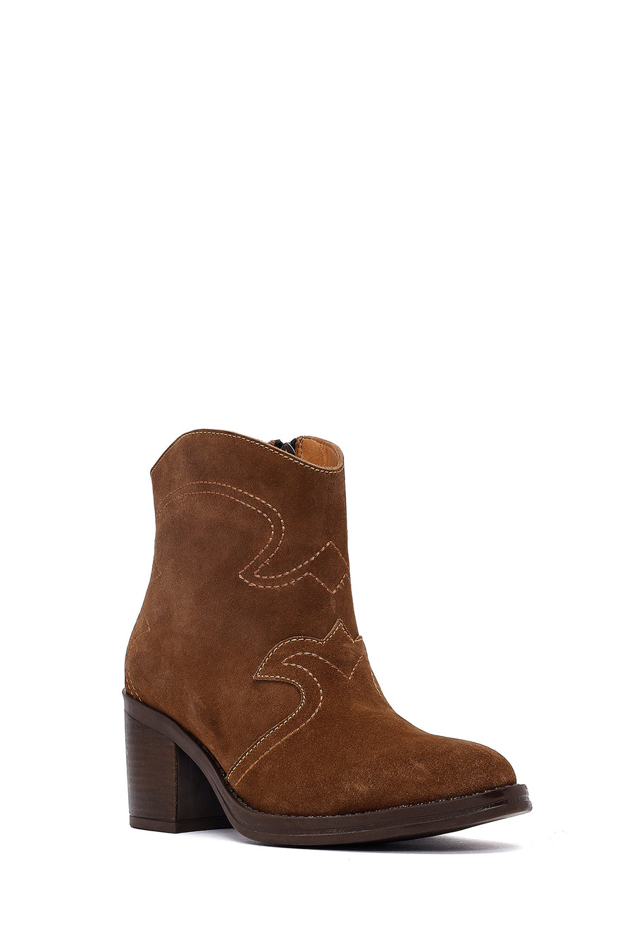Woman Tan Suede Chunky Heel Leather Cowboy Boots