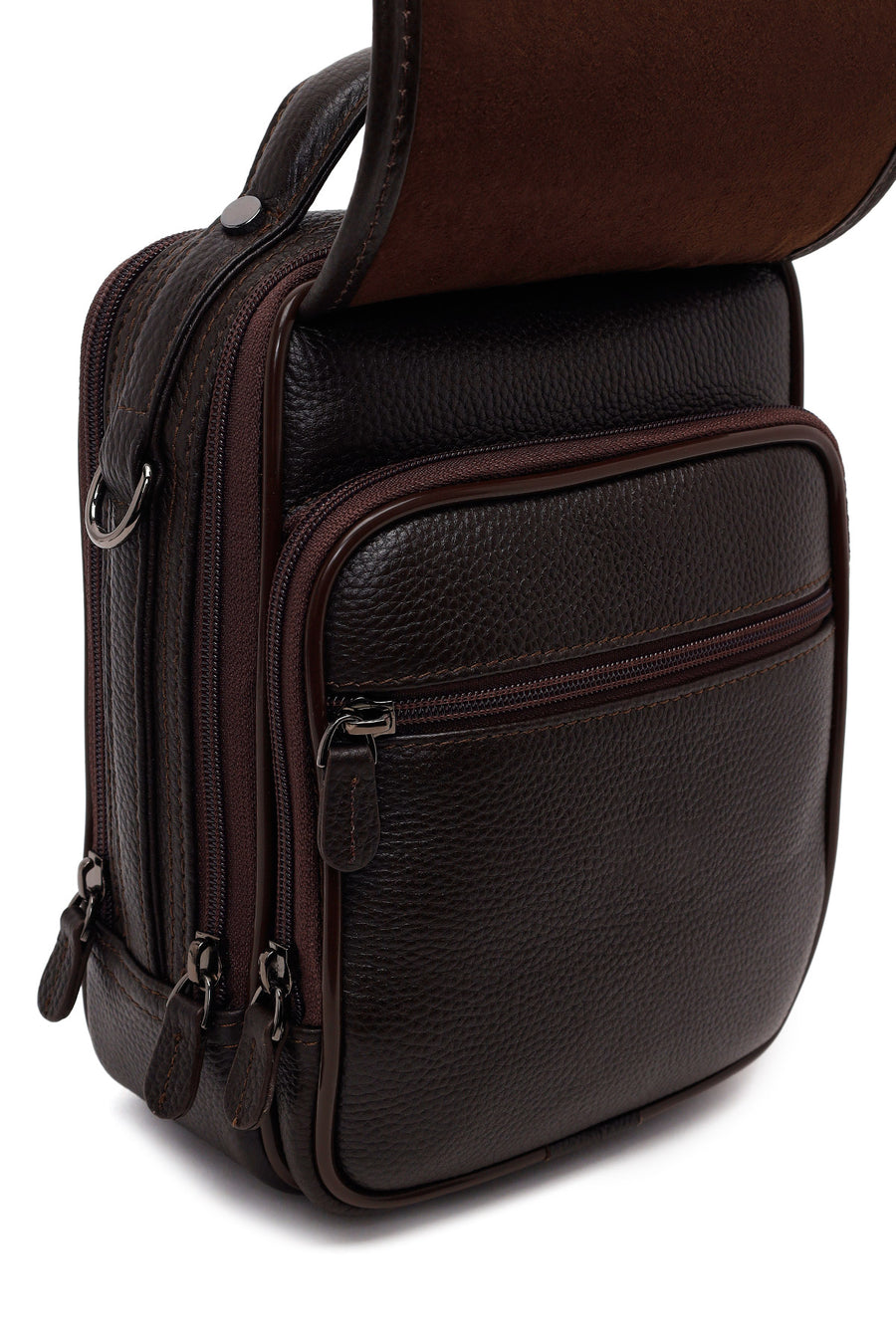 Male Brown Long-Strap Leather Mini Handbag