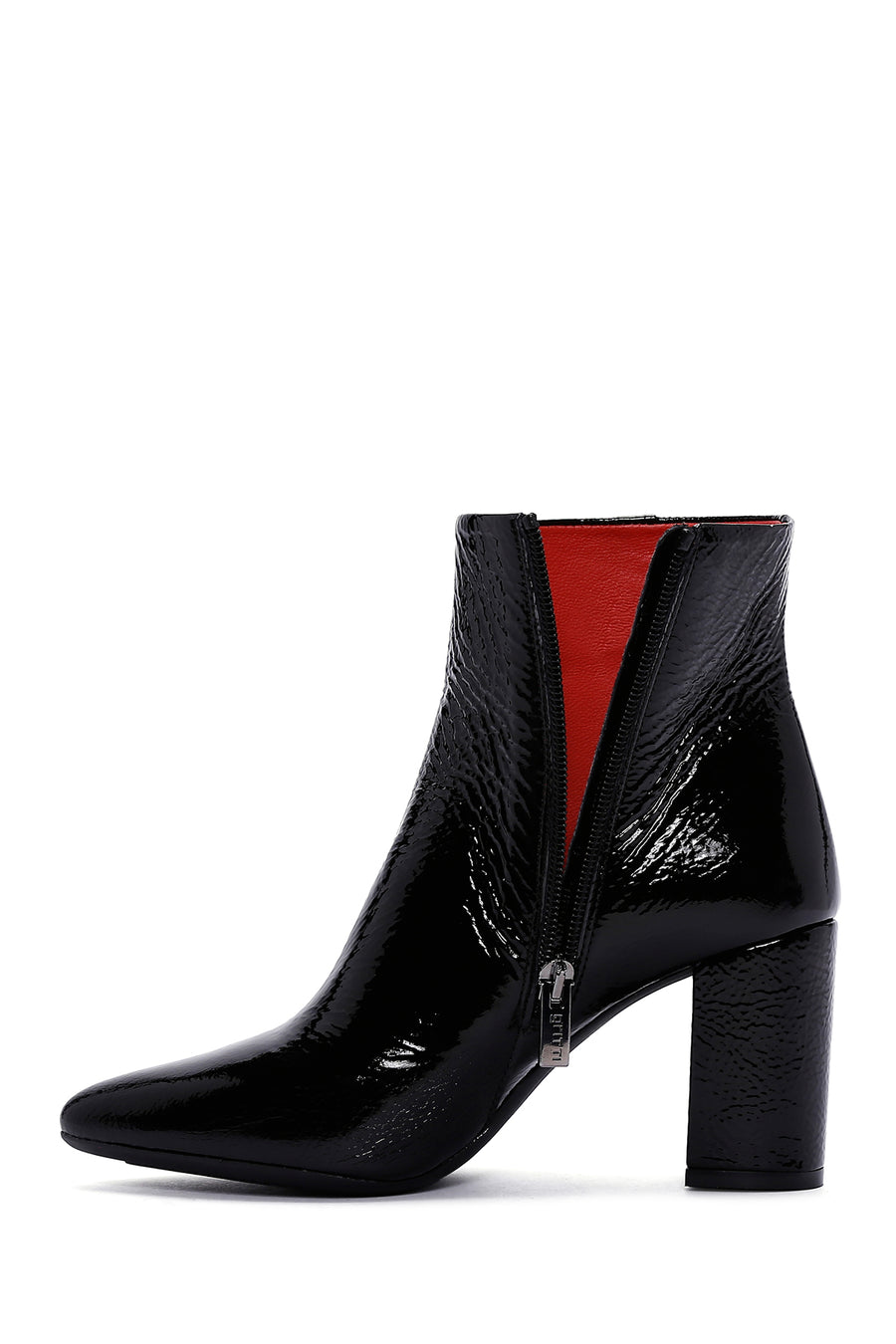 Women's Black Zippered Thick Heeled Patent Leather Boots