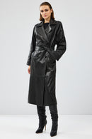 Nicole Women's Black Double Breasted Long Leather Trench Coat | Derimod