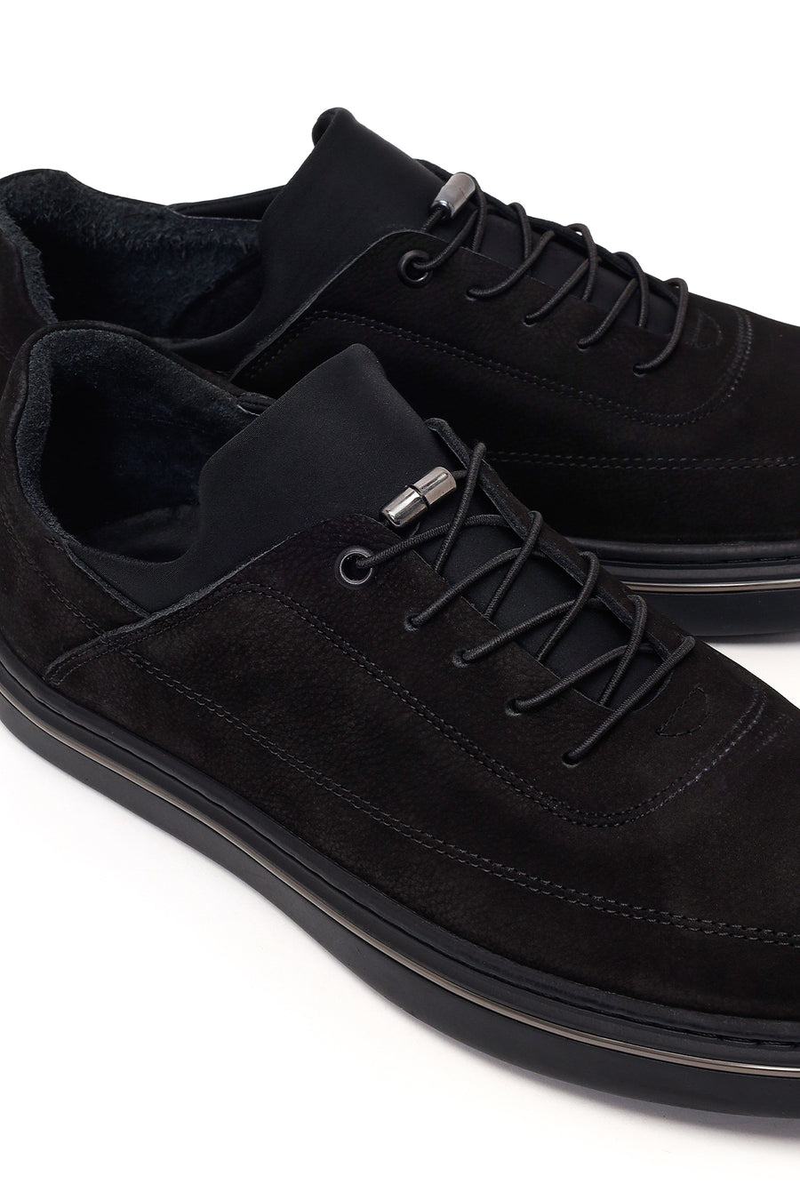 Male Black Lace-Up Nubuck Leather Casual Sneakers