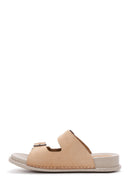 Women's Beige Double Buckled Nubuck Leather Comfort Slippers | Derimod
