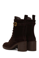 Woman Brown Zip Closure Chunky Heeled Suede Combat Boots | Derimod