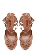 Woman Beige Ankle-Buckle Platform Thick High-Heeled Patent Leather Sandal | Derimod