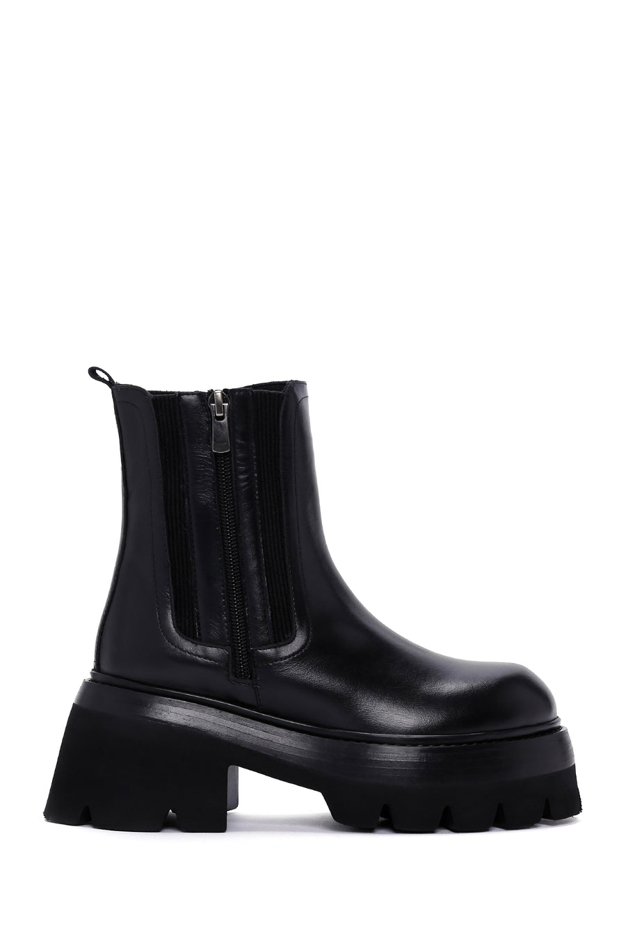 Women's Black Thick High-Sole Zipper Leather Boots 23WFD133518 | Derimod