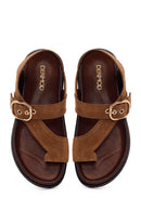 Woman Tan Suede Toe-Post Sandal | Derimod