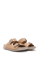 Women's Beige Double Buckled Nubuck Leather Comfort Slippers | Derimod